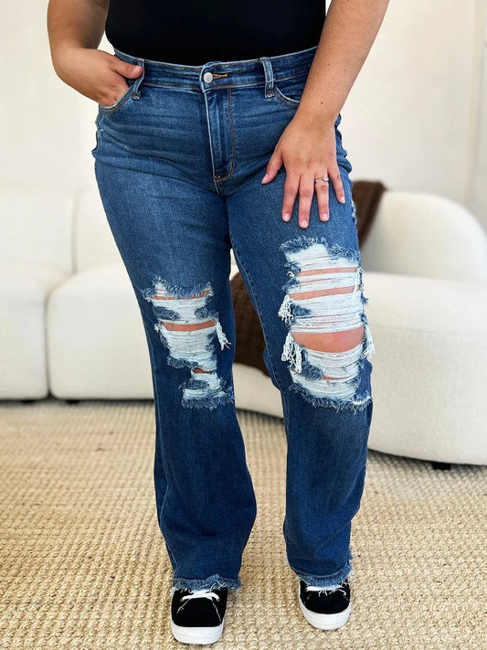 Judy Blue Full Size Mid Rise Distressed Raw Hem Jeans Trendsi