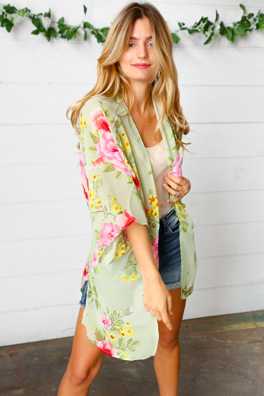 Sage Floral Print Chiffon Cover Up Kimono