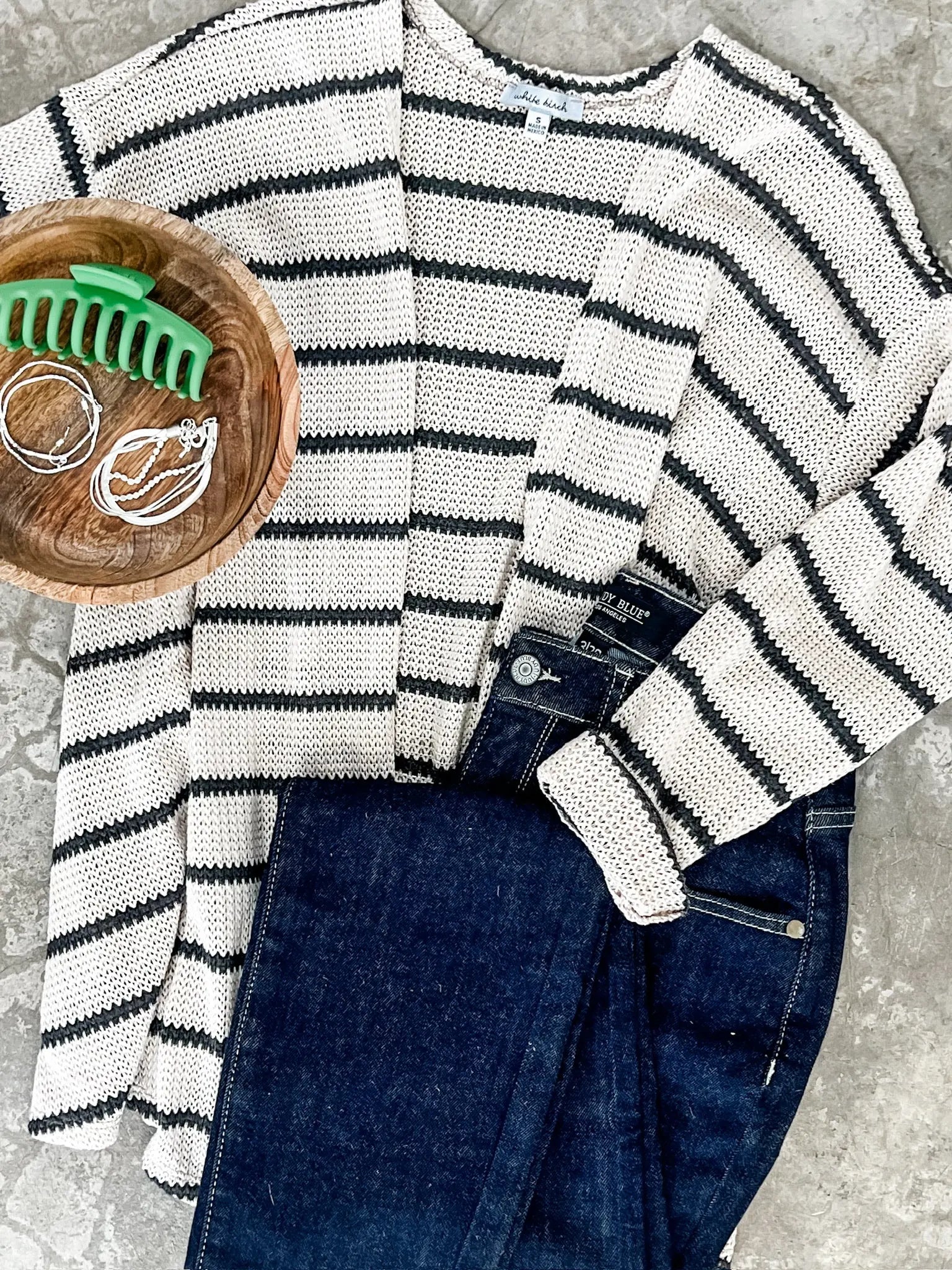 Knit Cardigan With Pockets In Beige & Charcoal Stripe Kiwidrop