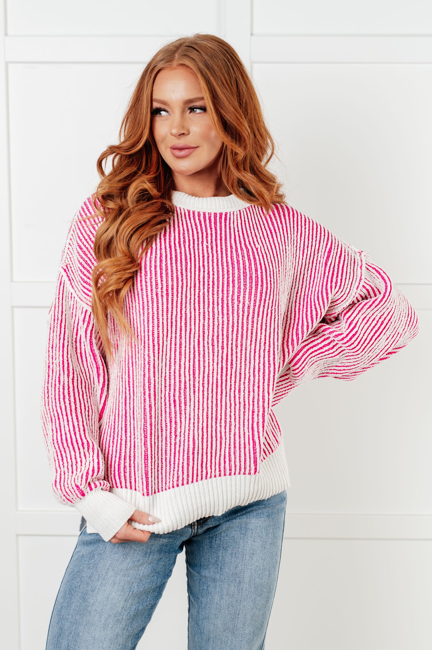 Least High Maintenance Contrast Trim Sweater in Pink Ave Shops