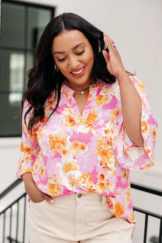 Lizzy Bell Sleeve Top in Pink and Gold Floral Ave Shops