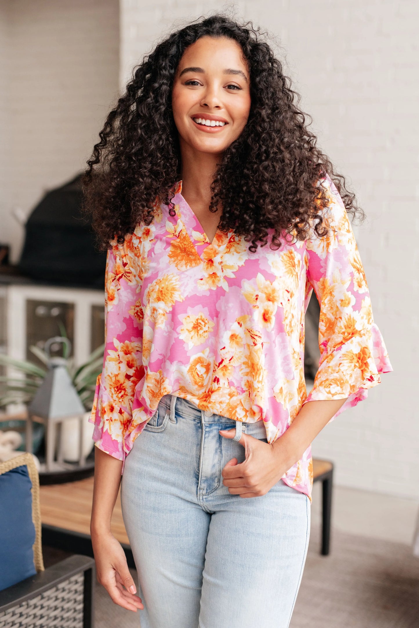 Lizzy Bell Sleeve Top in Pink and Gold Floral Ave Shops