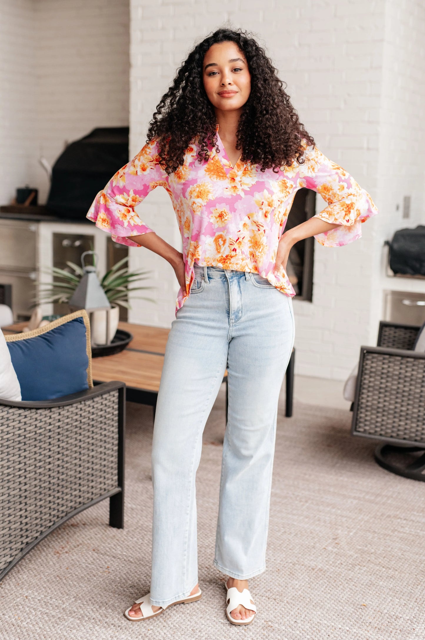 Lizzy Bell Sleeve Top in Pink and Gold Floral Ave Shops