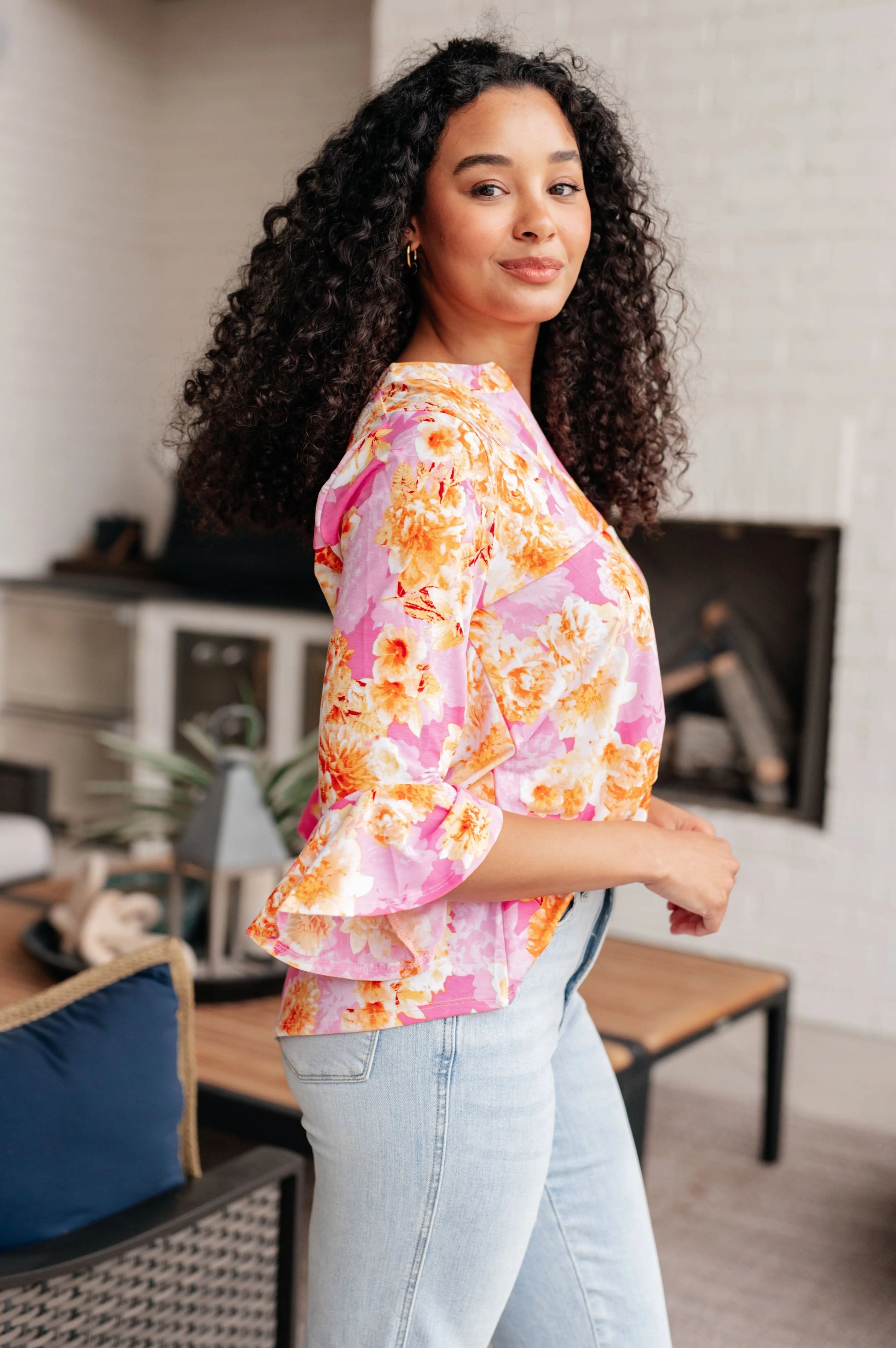 Lizzy Bell Sleeve Top in Pink and Gold Floral Ave Shops