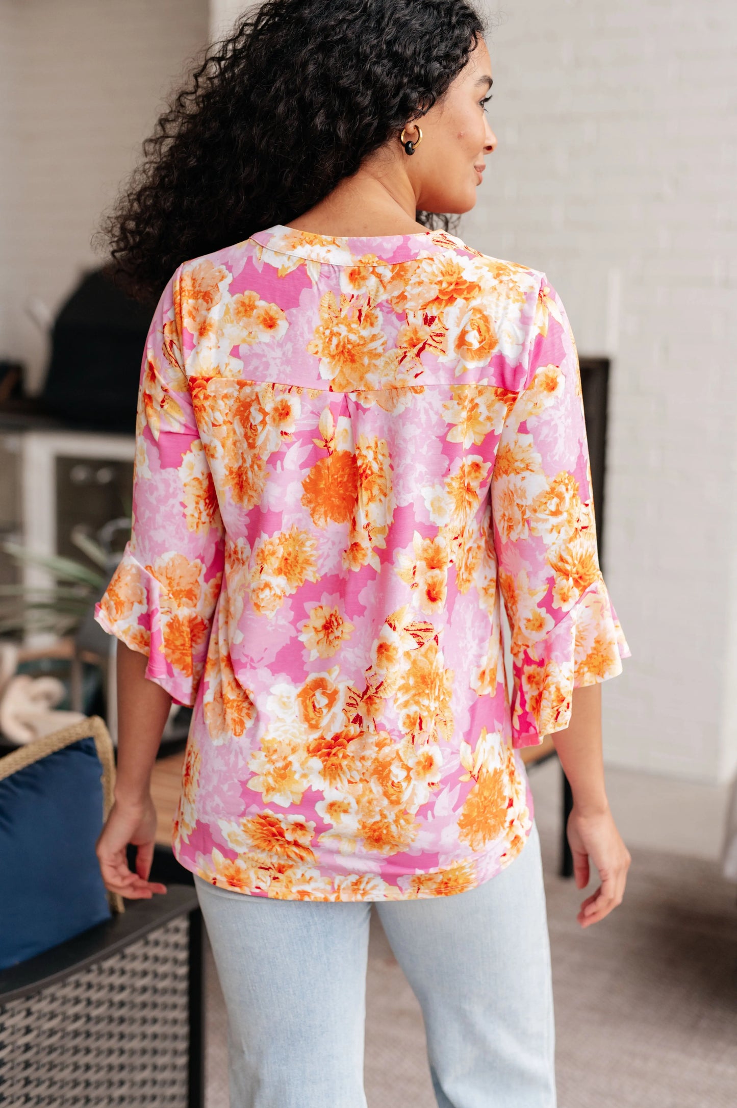 Lizzy Bell Sleeve Top in Pink and Gold Floral Ave Shops