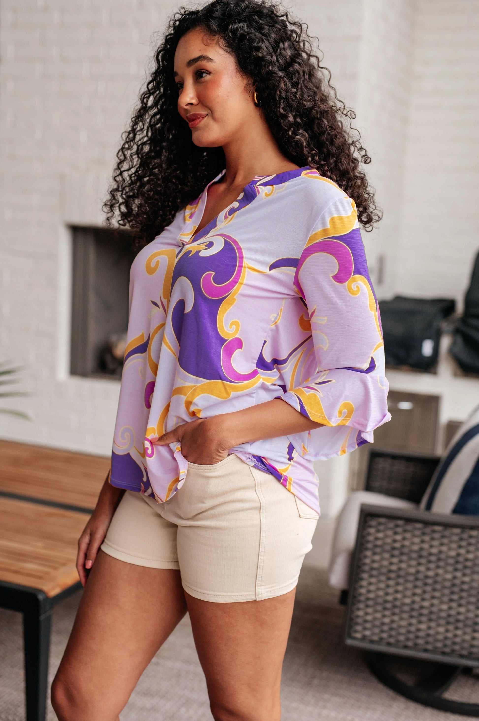 Lizzy Bell Sleeve Top in Regal Lavender and Gold Ave Shops