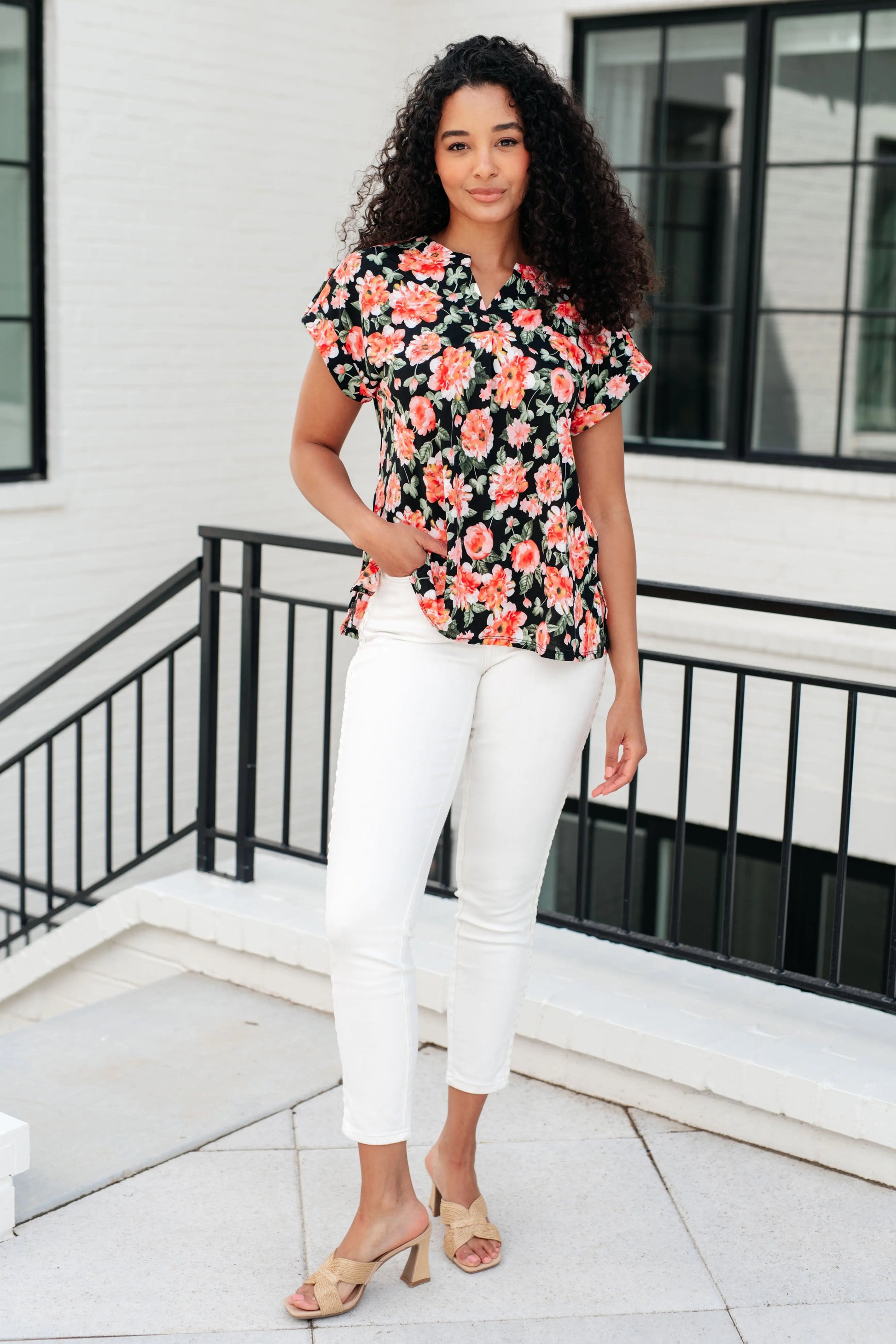 Lizzy Cap Sleeve Top in Black and Coral Floral Ave Shops