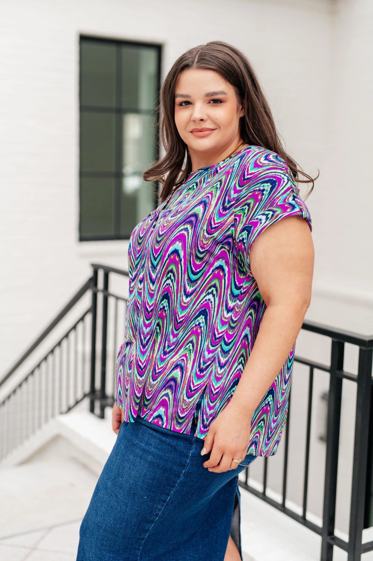 Lizzy Cap Sleeve Top in Purple Multi Marble Ave Shops