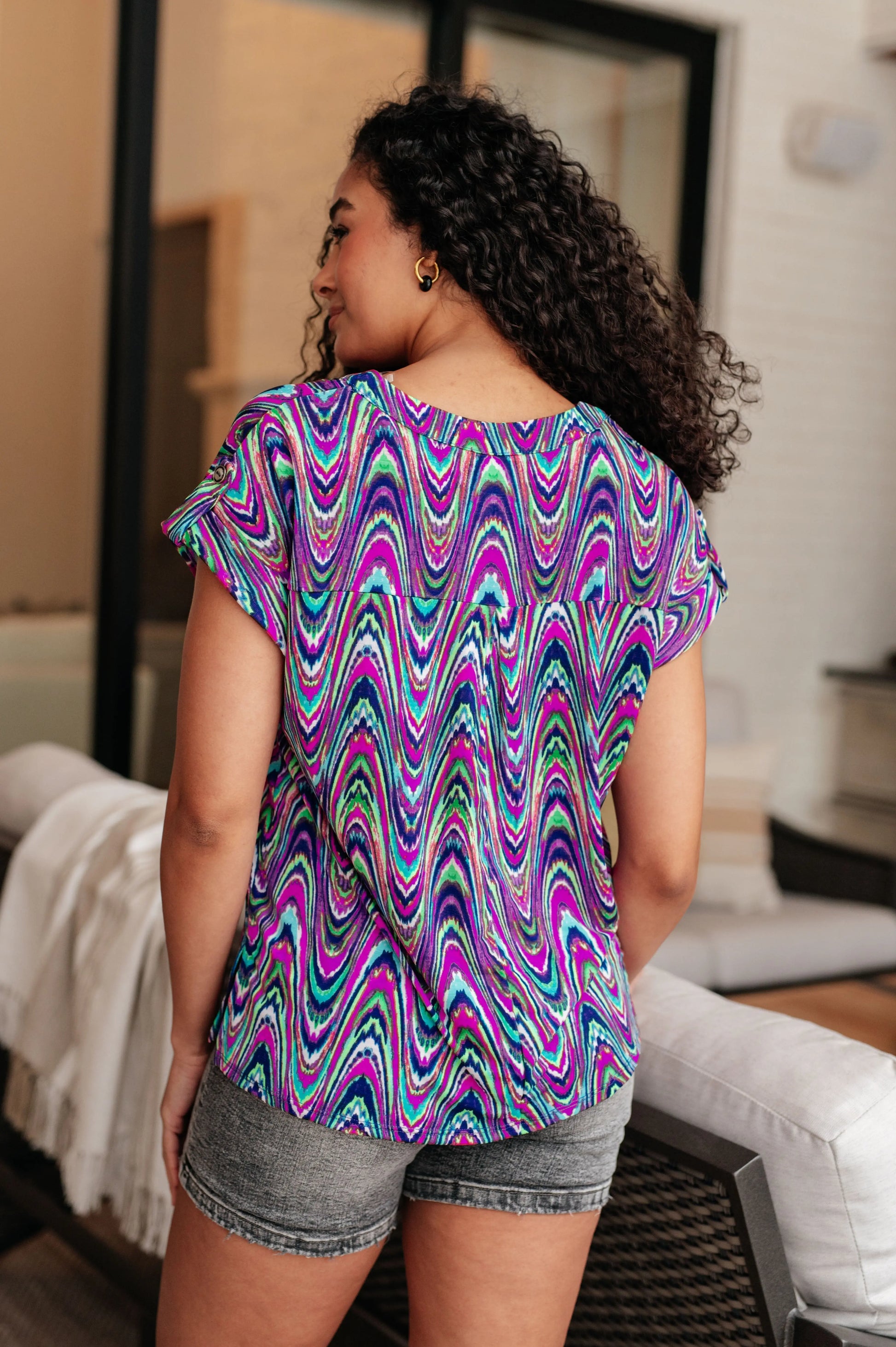 Lizzy Cap Sleeve Top in Purple Multi Marble Ave Shops