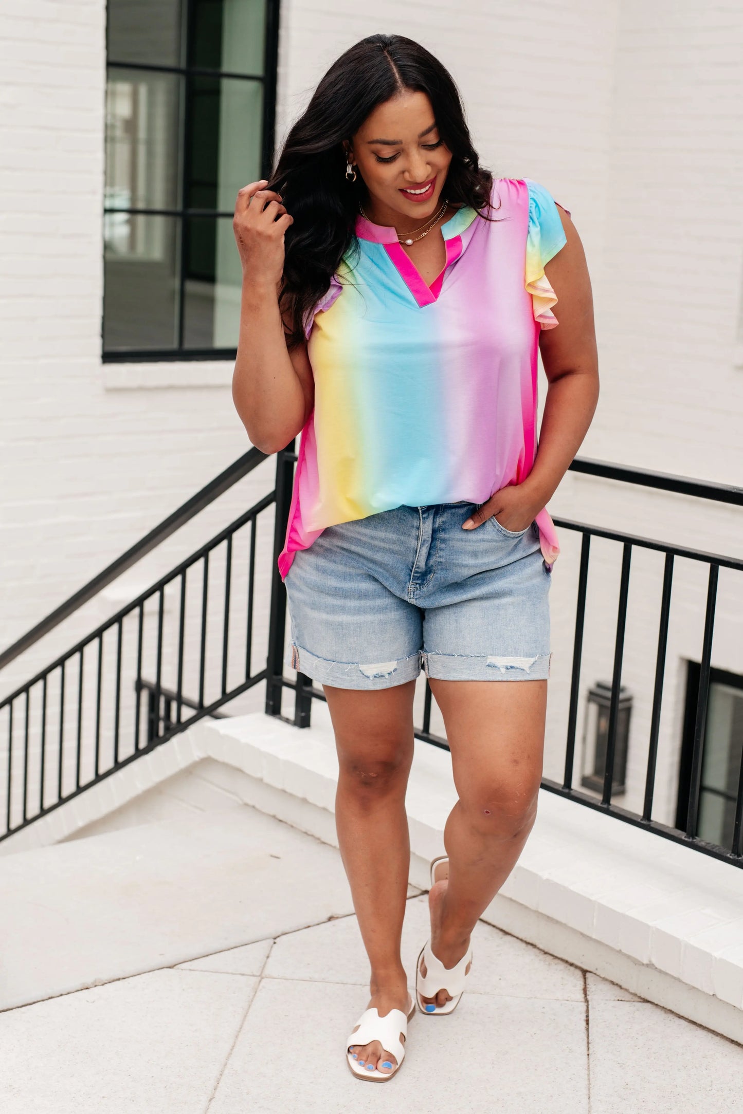 Lizzy Flutter Sleeve Top in Ombre Rainbow Ave Shops
