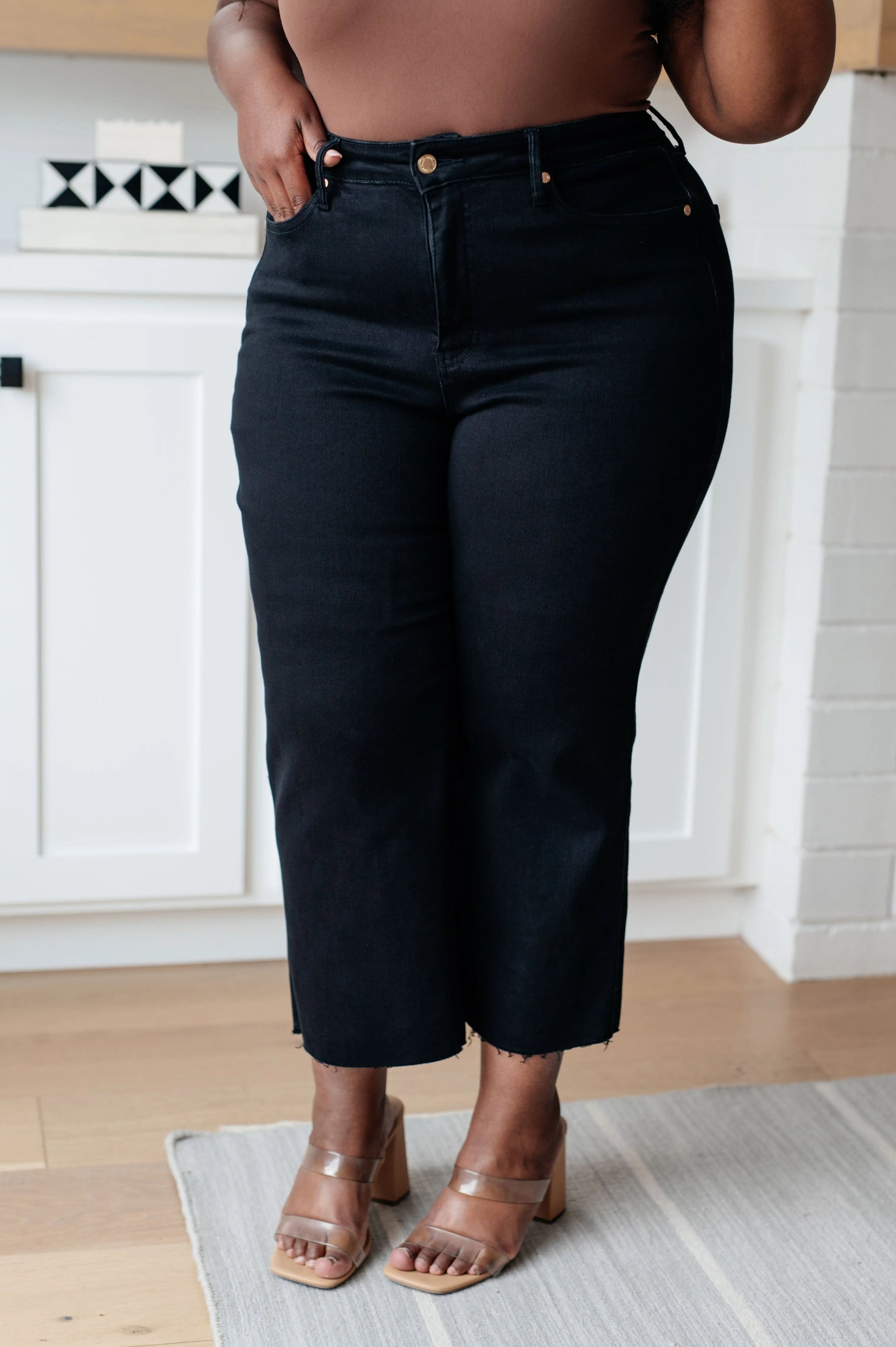 Lizzy High Rise Control Top Wide Leg Crop Jeans in Black Ave Shops