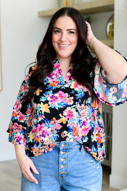 Lizzy Bell Sleeve Top Black and Teal Tropical Floral Ave Shops