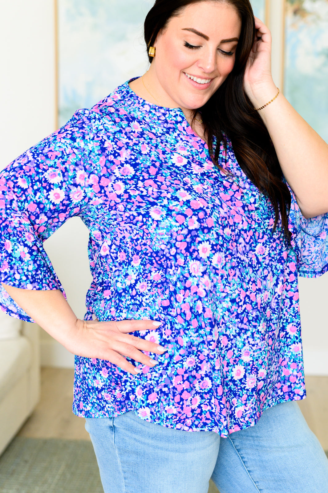 Lizzy Bell Sleeve Top in Navy and Pink Floral Ave Shops