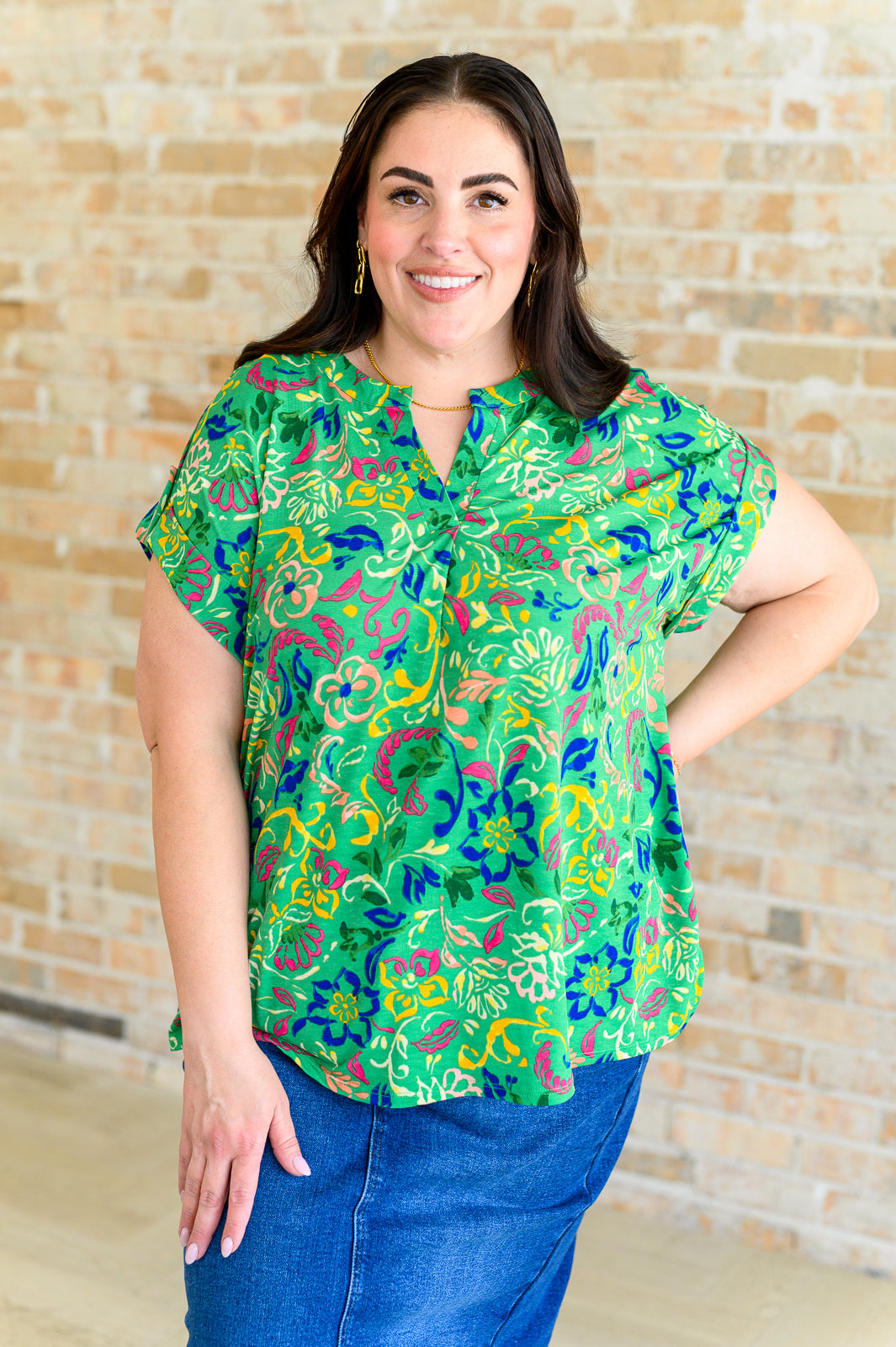 Lizzy Cap Sleeve Top in Green and Royal Watercolor Floral Ave Shops