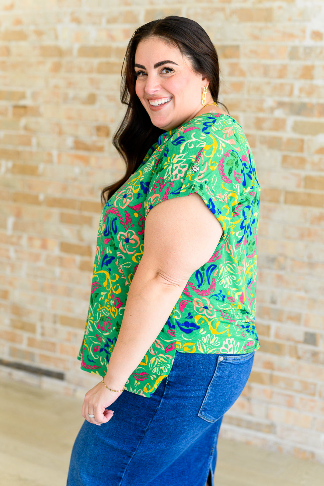 Lizzy Cap Sleeve Top in Green and Royal Watercolor Floral Ave Shops