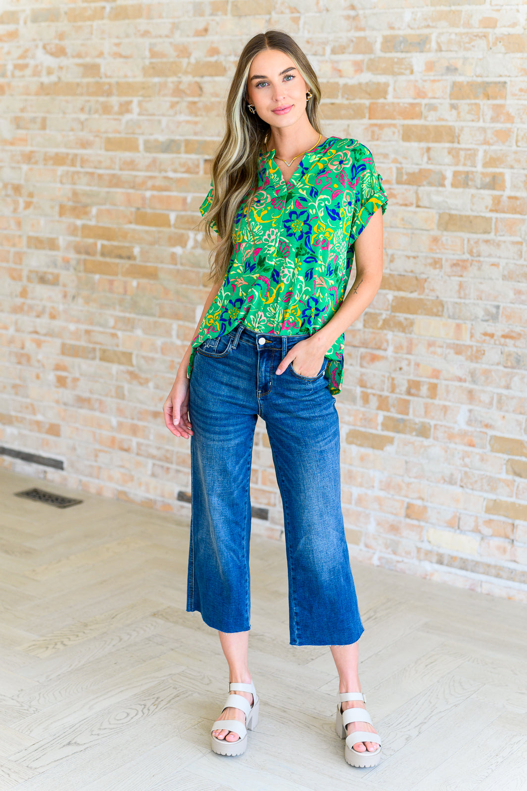 Lizzy Cap Sleeve Top in Green and Royal Watercolor Floral Ave Shops