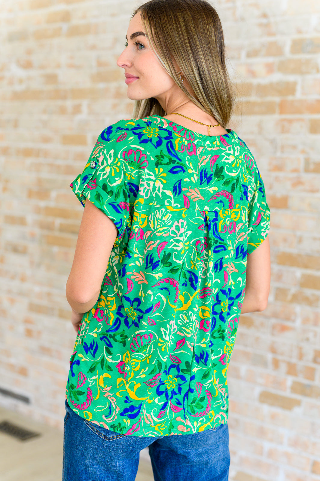 Lizzy Cap Sleeve Top in Green and Royal Watercolor Floral Ave Shops