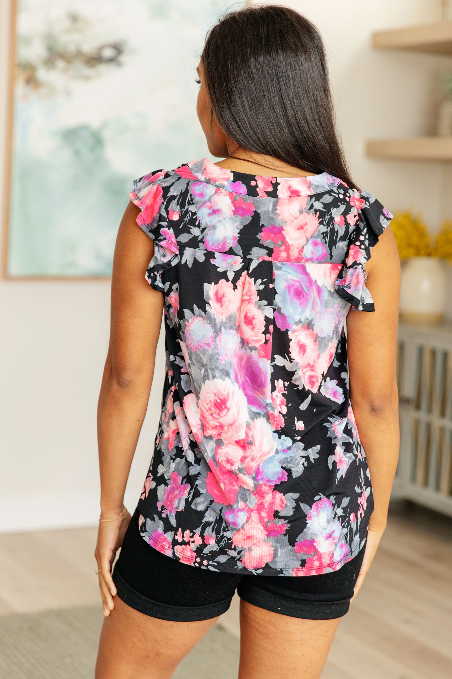 Lizzy Flutter Sleeve Top in Black and Dusty Pink Floral Ave Shops