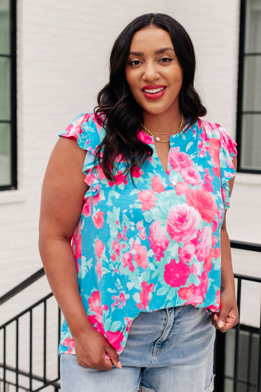 Lizzy Flutter Sleeve Top in Blue and Pink Roses Ave Shops