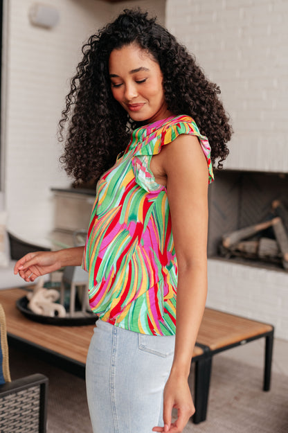 Lizzy Flutter Sleeve Top in Green Multi Abstract Stripe Ave Shops