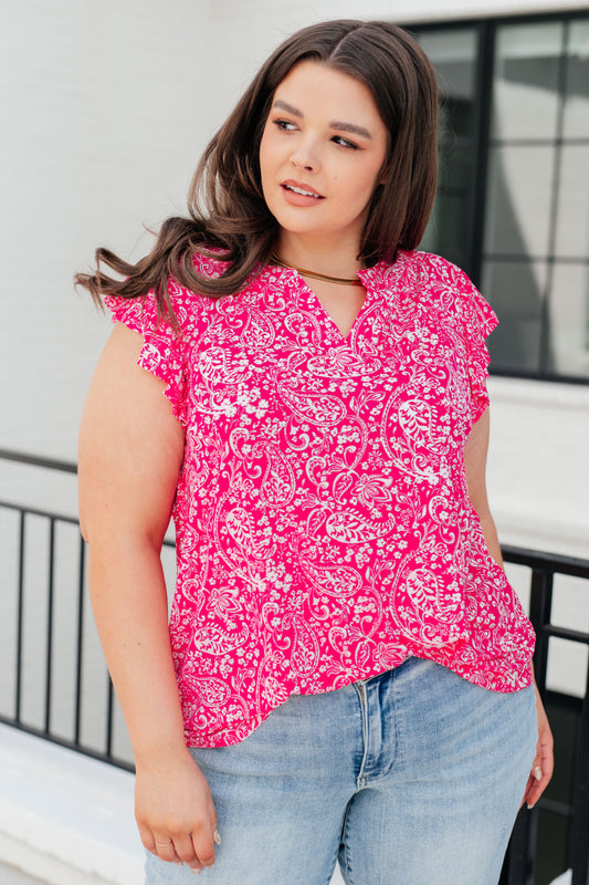 Lizzy Flutter Sleeve Top in Hot Pink and White Floral Ave Shops