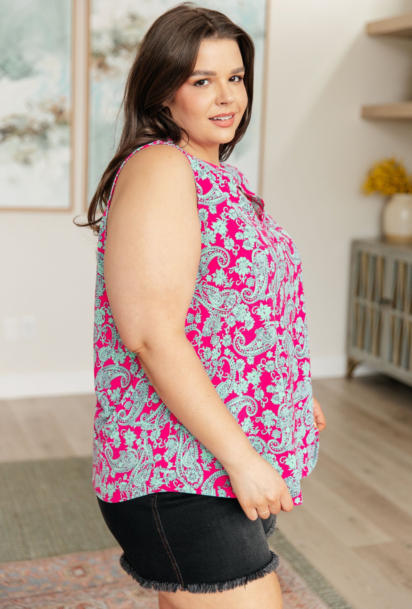 Lizzy Tank Top in Pink and Mint Paisley Ave Shops