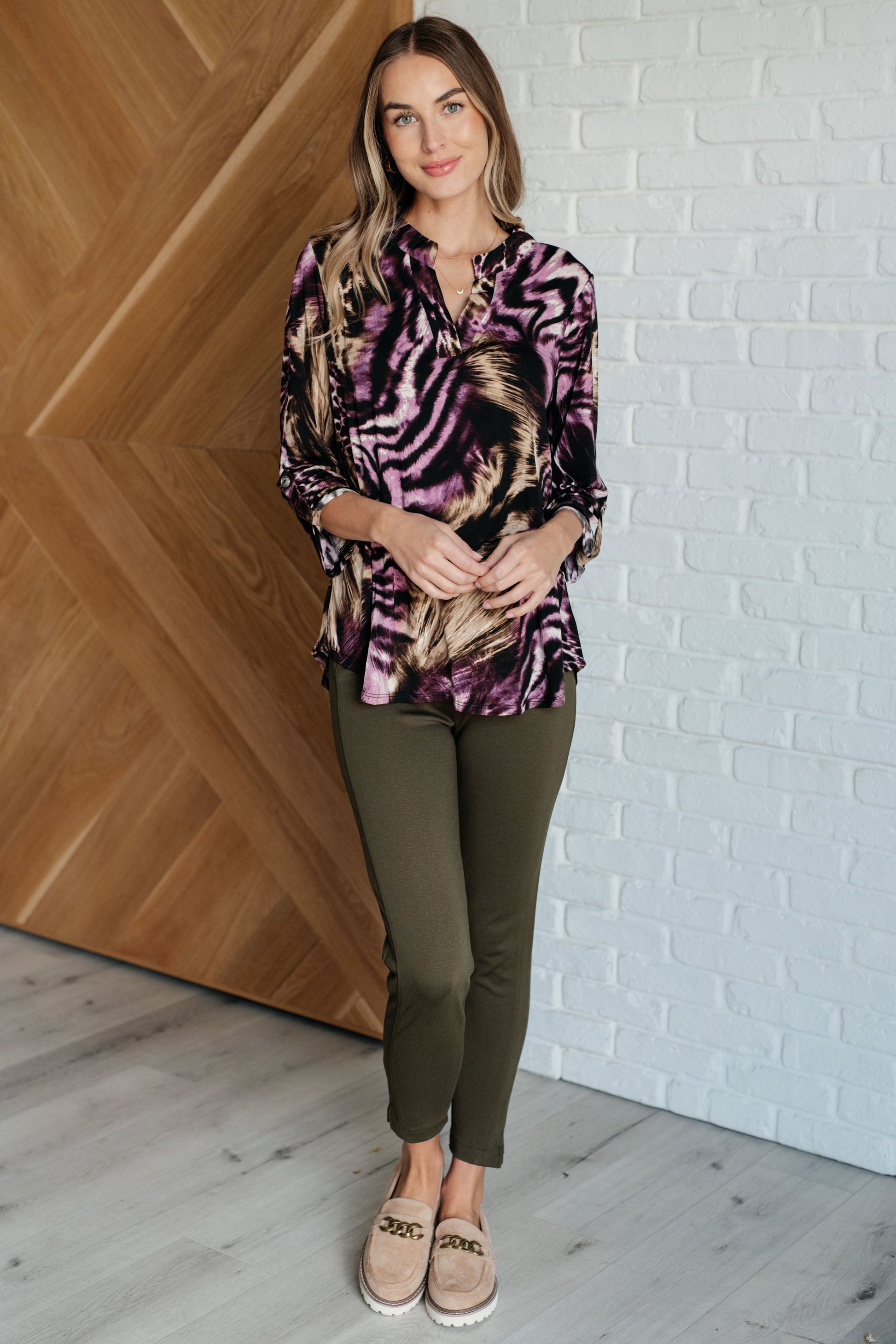 Lizzy Top in Purple and Taupe Animal Print Ave Shops