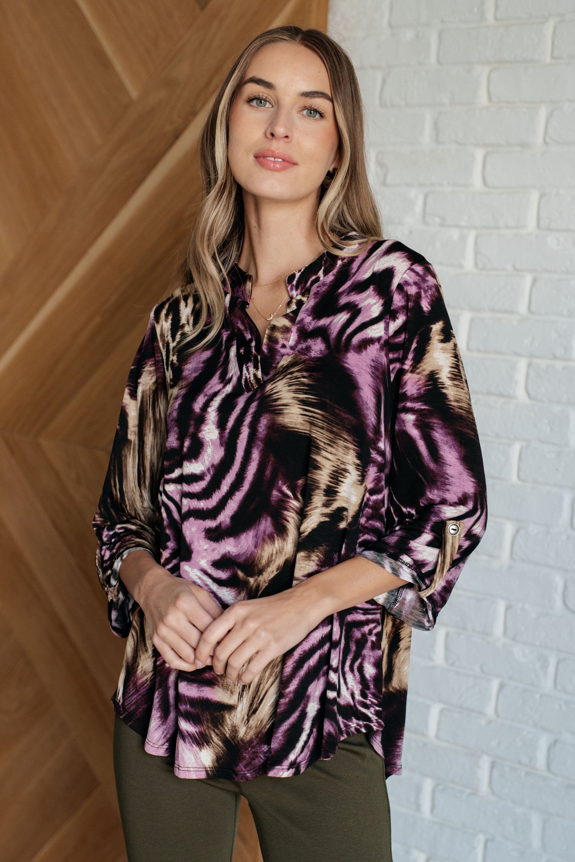 Lizzy Top in Purple and Taupe Animal Print Ave Shops