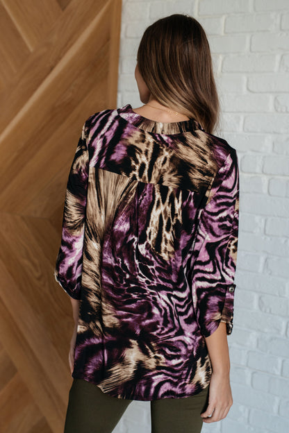 Lizzy Top in Purple and Taupe Animal Print Ave Shops