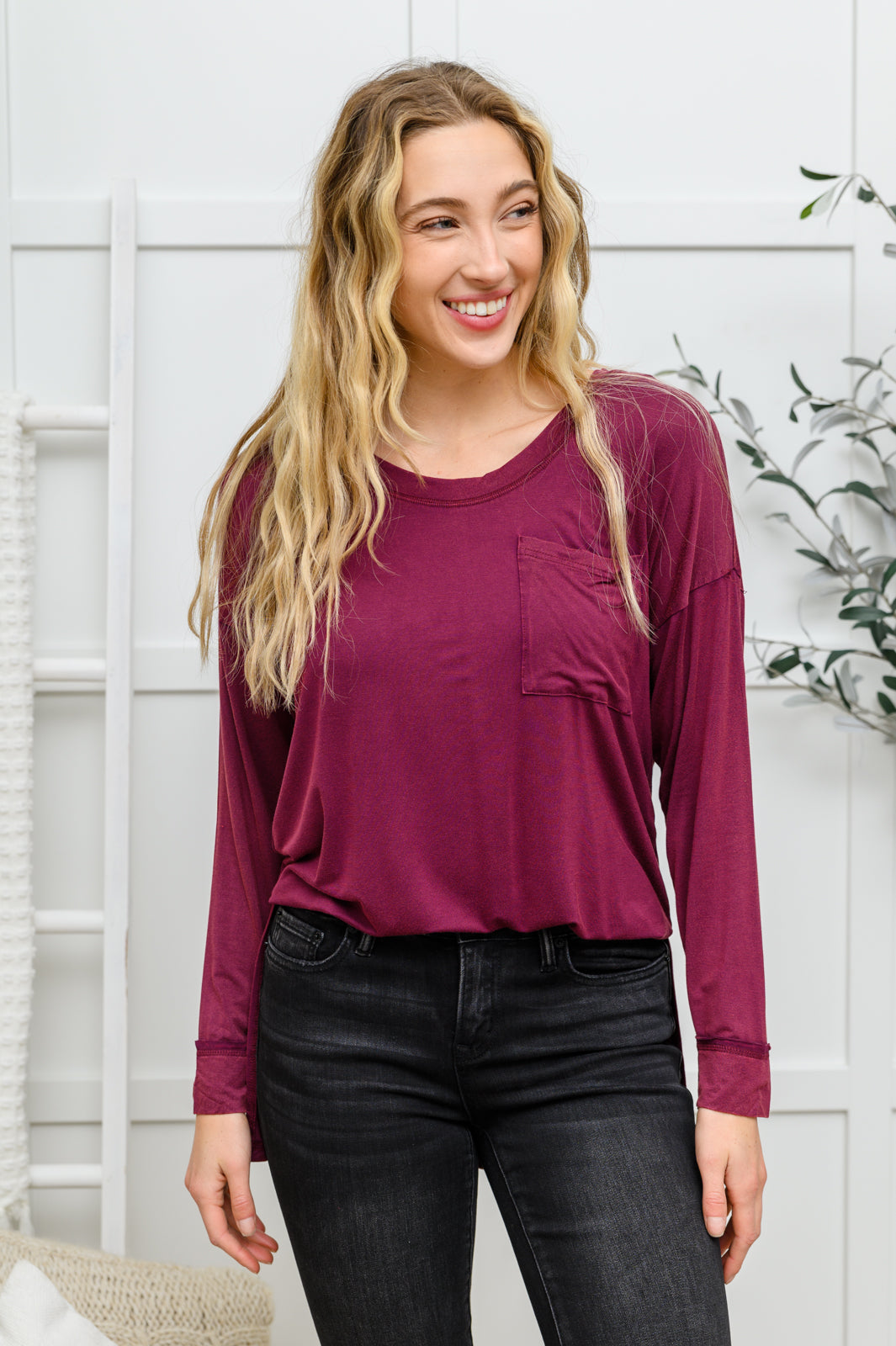 Long Sleeve Knit Top With Pocket In Burgundy Ave Shops