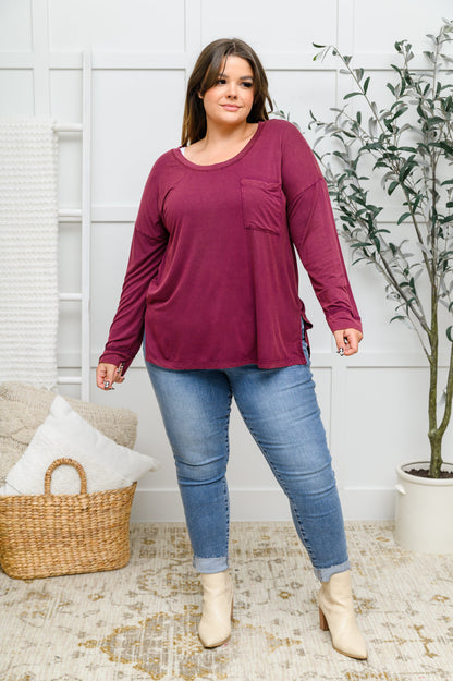 Long Sleeve Knit Top With Pocket In Burgundy Ave Shops