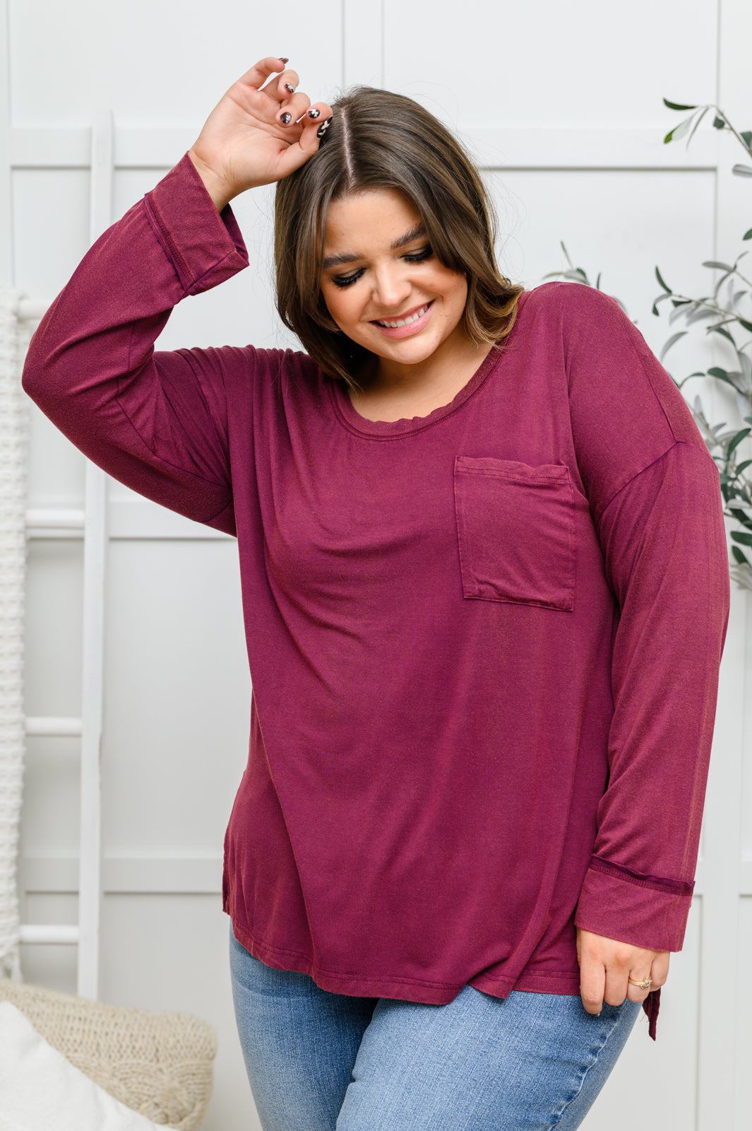 Long Sleeve Knit Top With Pocket In Burgundy Ave Shops