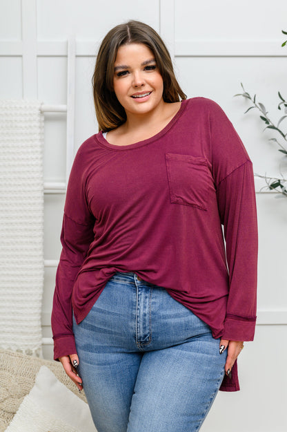 Long Sleeve Knit Top With Pocket In Burgundy Ave Shops