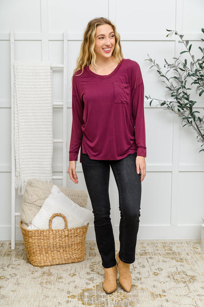 Long Sleeve Knit Top With Pocket In Burgundy Ave Shops