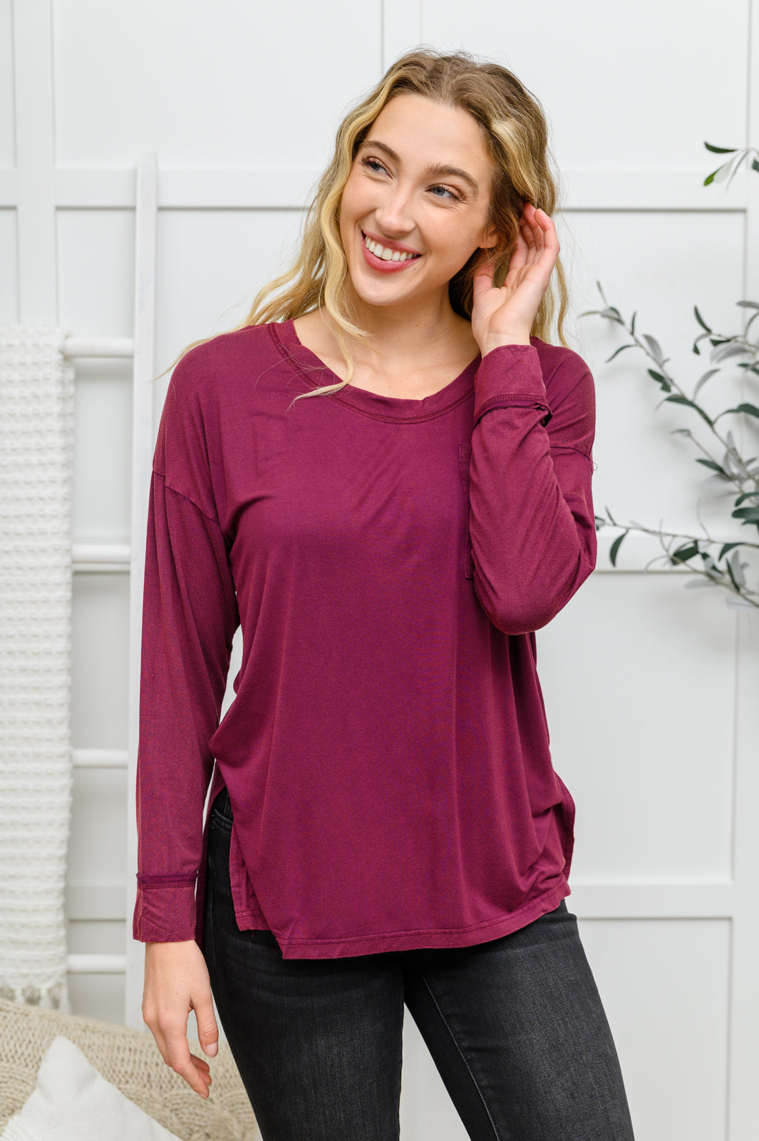 Long Sleeve Knit Top With Pocket In Burgundy Ave Shops