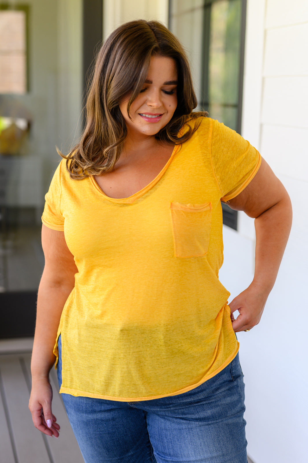 Melange Burnout V-Neck T-Shirt in Yellow Gold Ave Shops