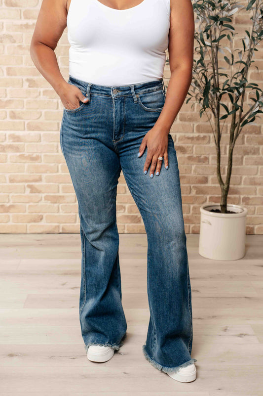 Miley High Waist Control Top Frayed Hem Flare Jeans Ave Shops