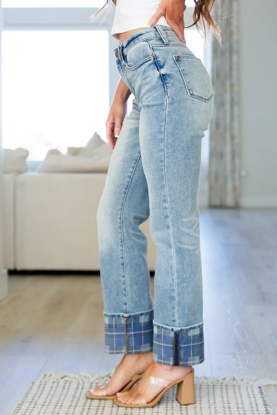 Miranda High Rise Plaid Cuff Vintage Straight Jeans Ave Shops