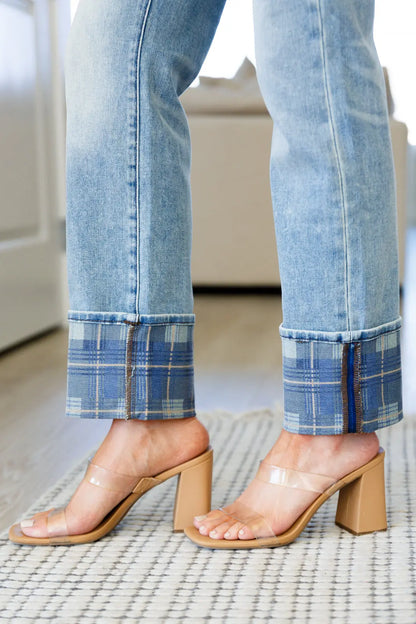 Miranda High Rise Plaid Cuff Vintage Straight Jeans Ave Shops