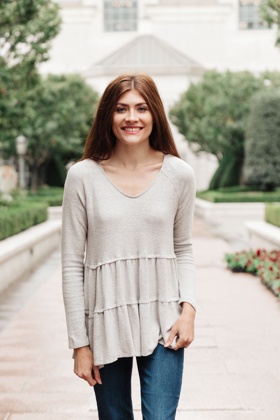 Nicely Done Tiered Top in Gray Ave Shops