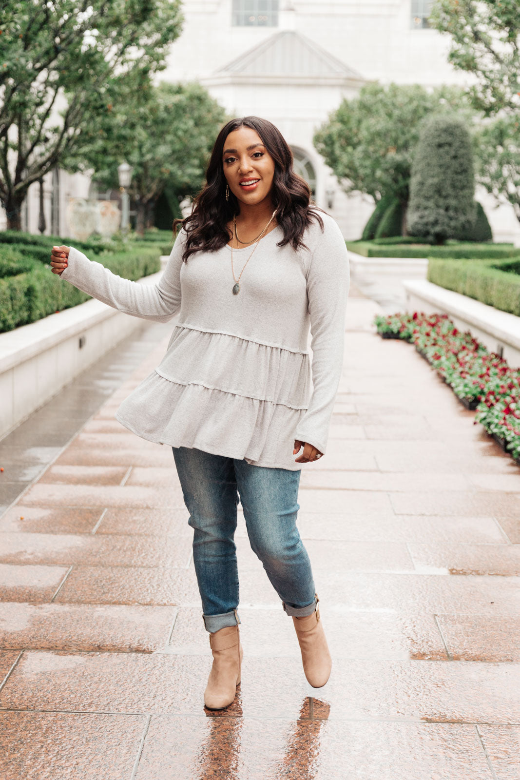 Nicely Done Tiered Top in Gray Ave Shops