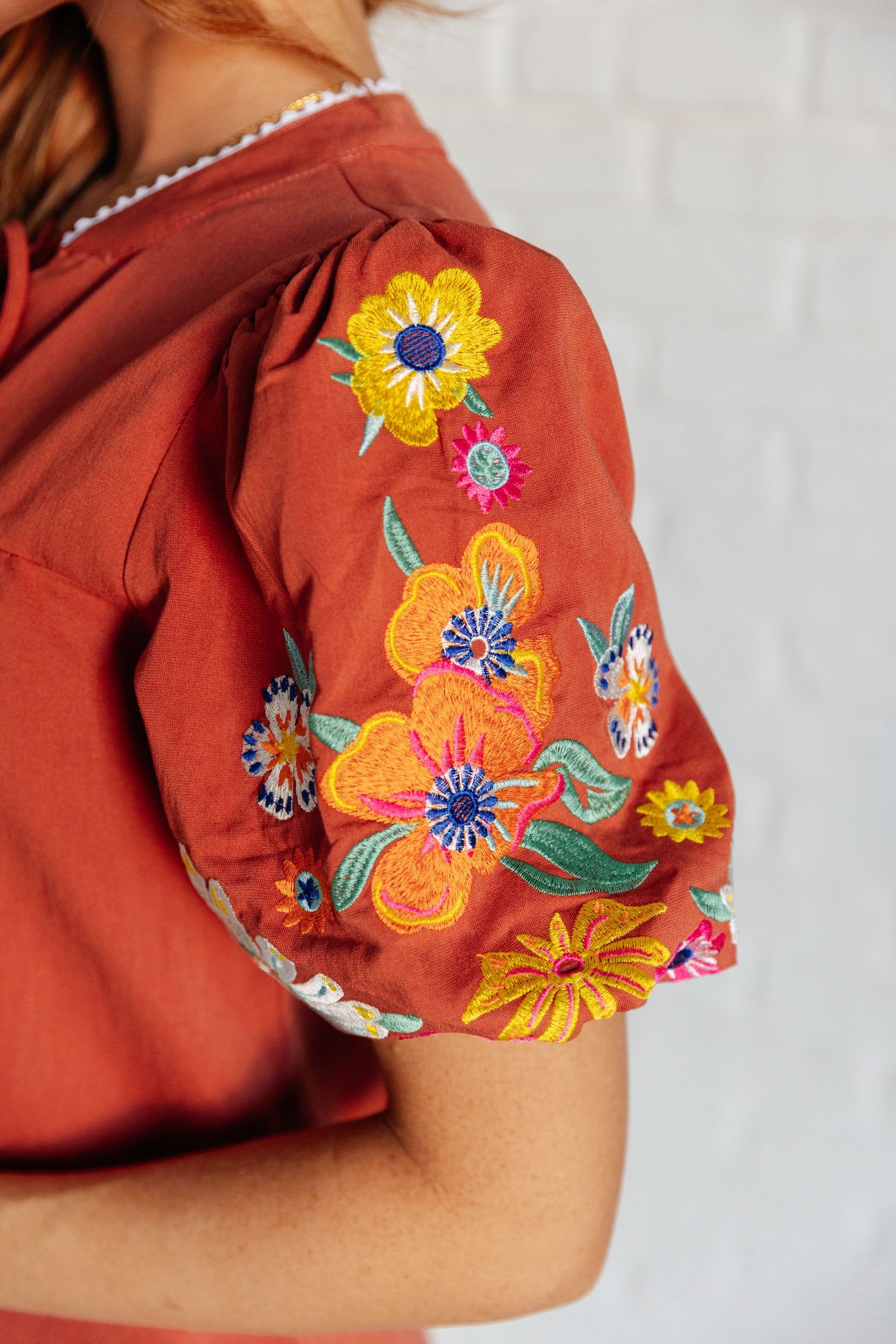 No Concerns Embroidered Sleeve Blouse Ave Shops
