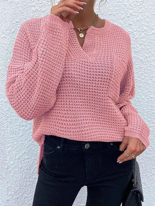 Notched Long Sleeve Sweater Trendsi