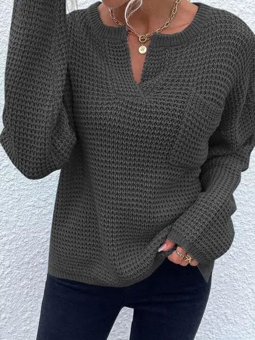 Notched Long Sleeve Sweater Trendsi