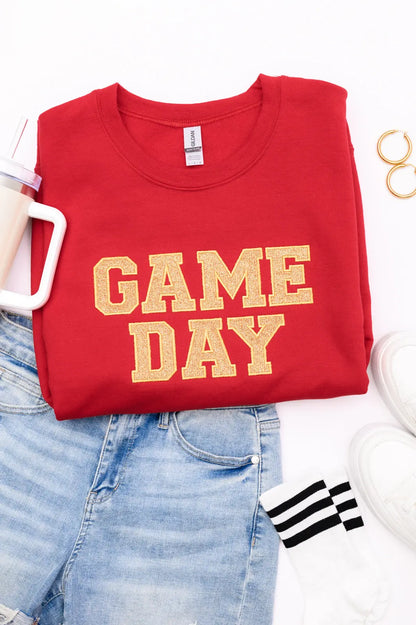 PREORDER: Embroidered Glitter Game Day Sweatshirt in Red/Old Gold Ave Shops