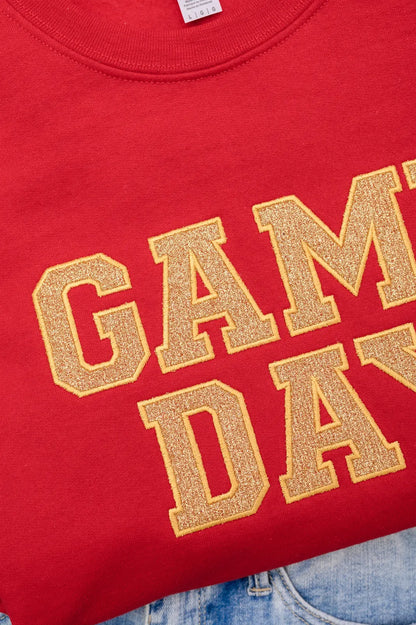 PREORDER: Embroidered Glitter Game Day Sweatshirt in Red/Old Gold Ave Shops