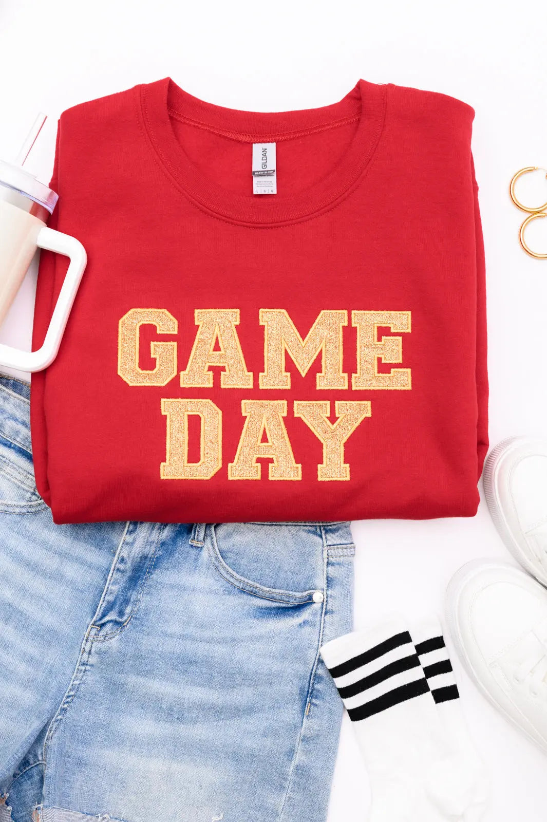 PREORDER: Embroidered Glitter Game Day Sweatshirt in Red/Old Gold Ave Shops