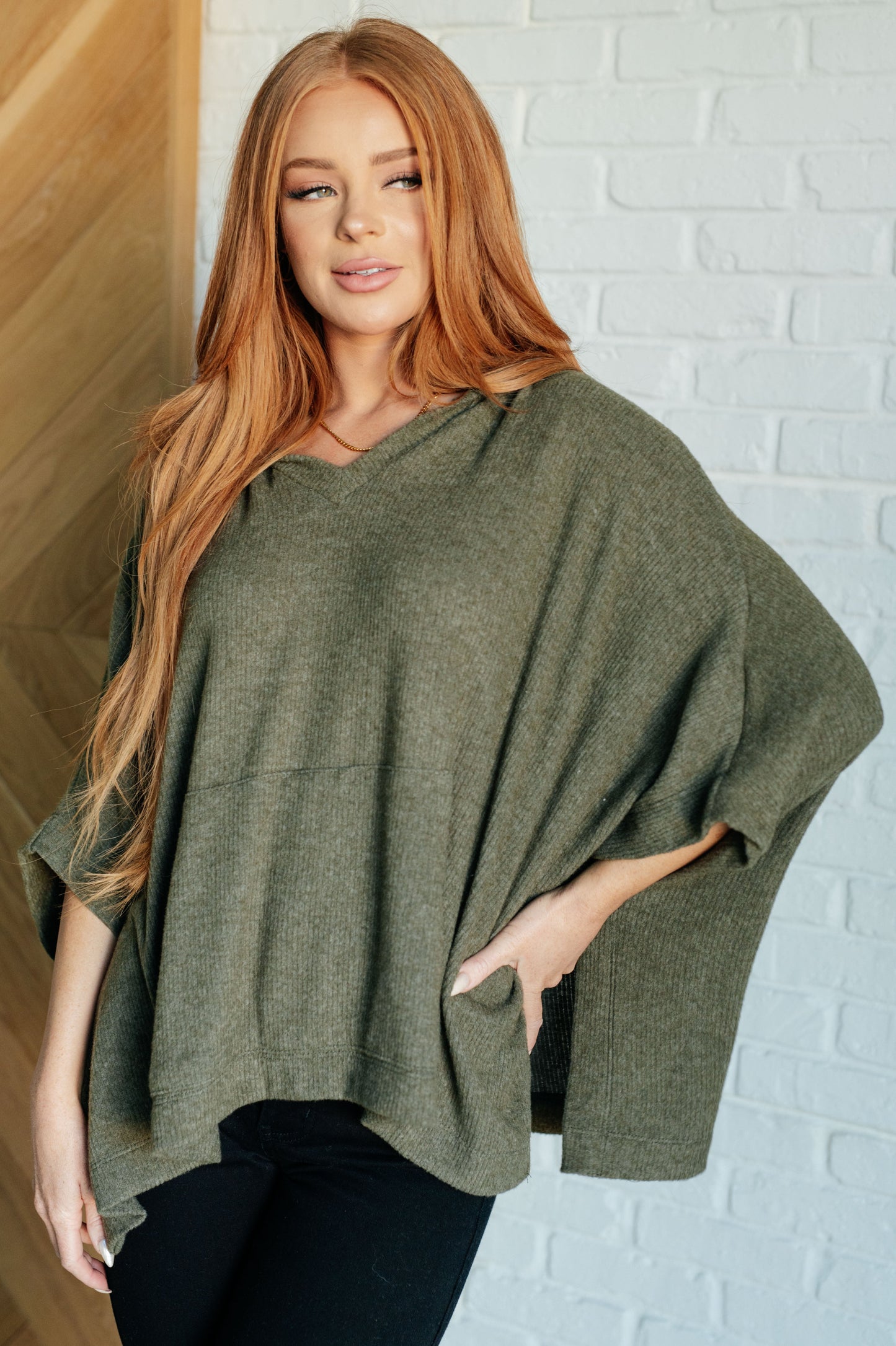 Perfectly Poised Hooded Poncho in Olive Ave Shops