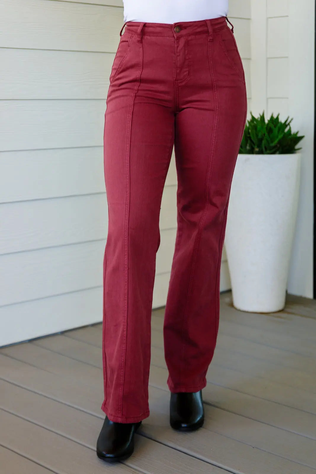 Phoebe High Rise Front Seam Straight Jeans in Burgundy Ave Shops