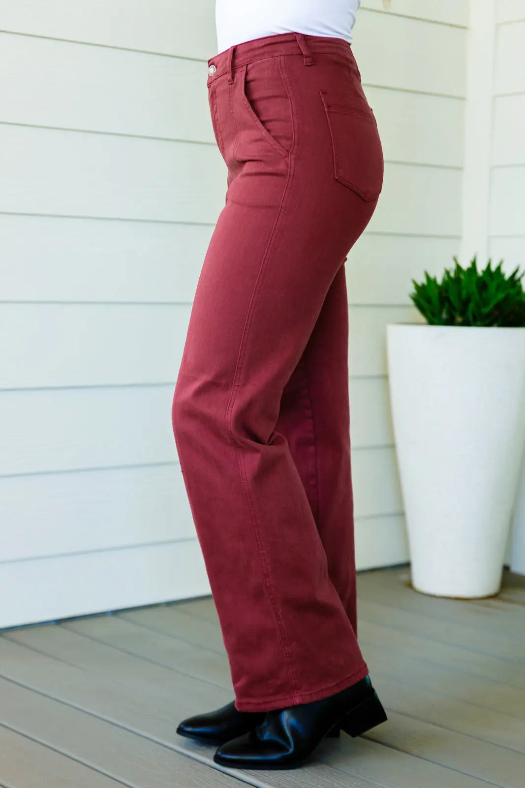 Phoebe High Rise Front Seam Straight Jeans in Burgundy Ave Shops